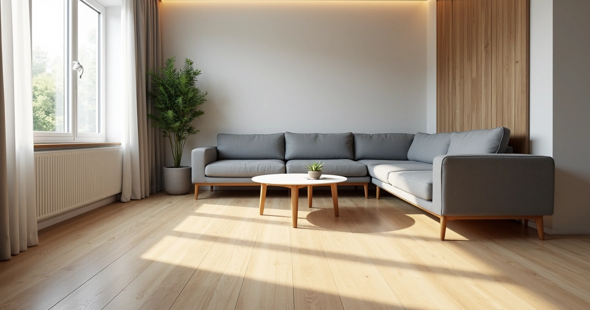 Sala de estar com piso laminado de madeira clara e móveis modernos ao redor