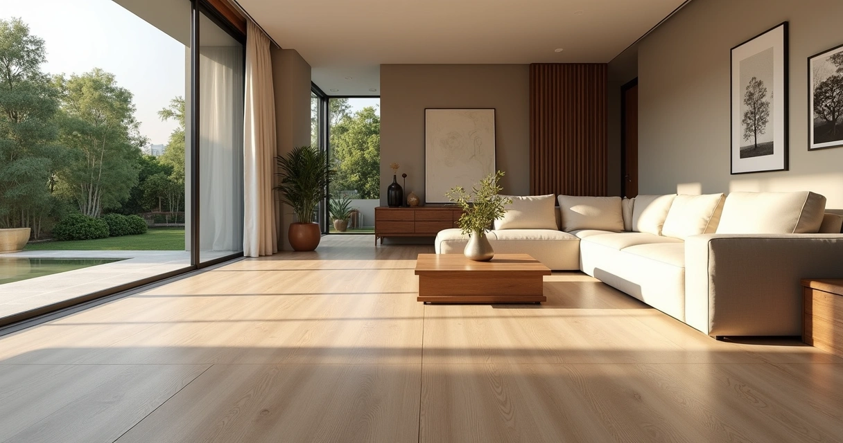 Sala de estar ampla com piso vinílico, sofá bege e painel de madeira clara