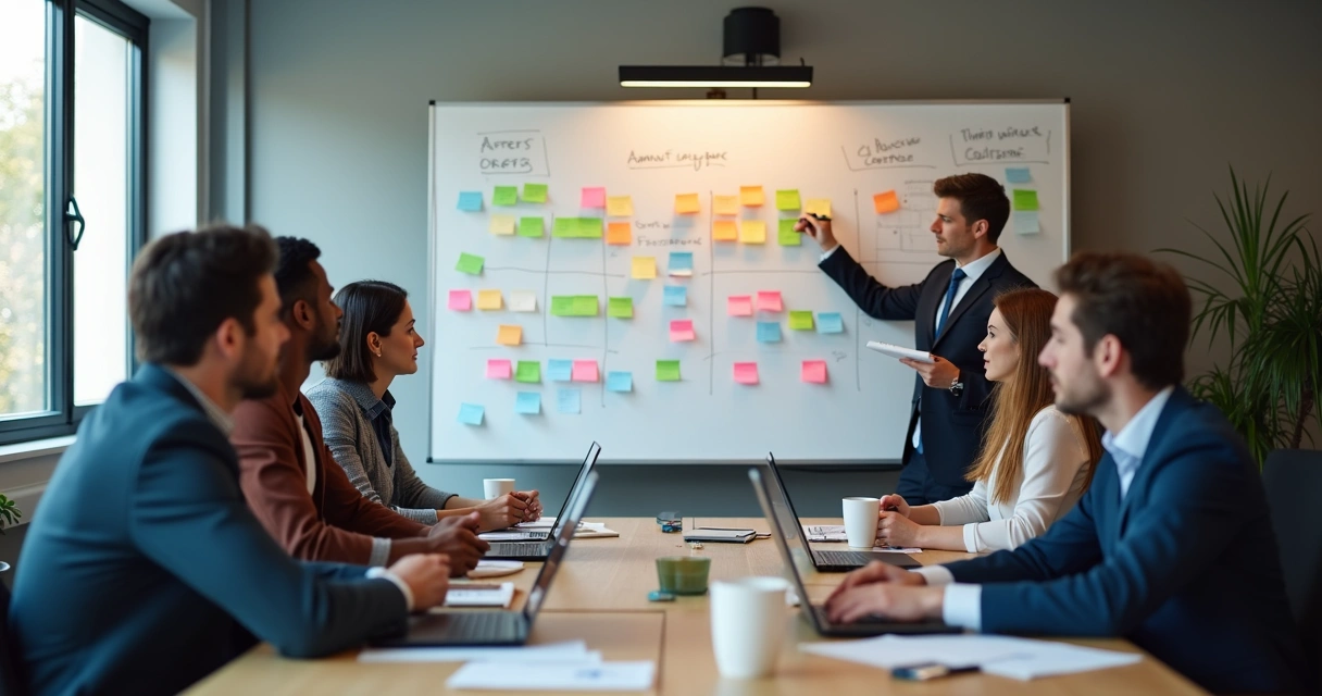 Equipe reunida em sala planejando OKRs em quadro branco 