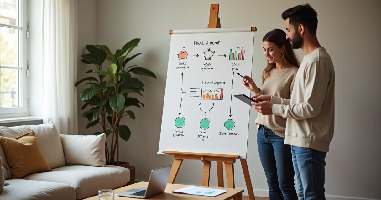 Homem e mulher discutem plano financeiro diante de quadro branco com gráficos simples 