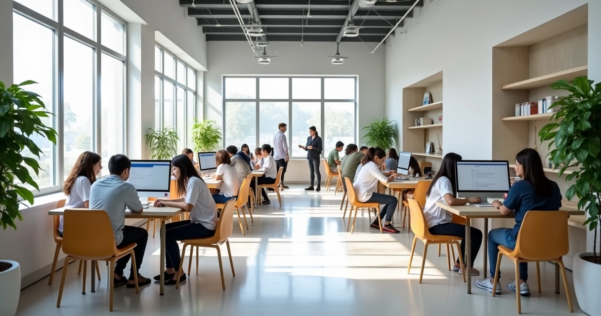 Sala moderna para polo EAD, com computadores e laboratório