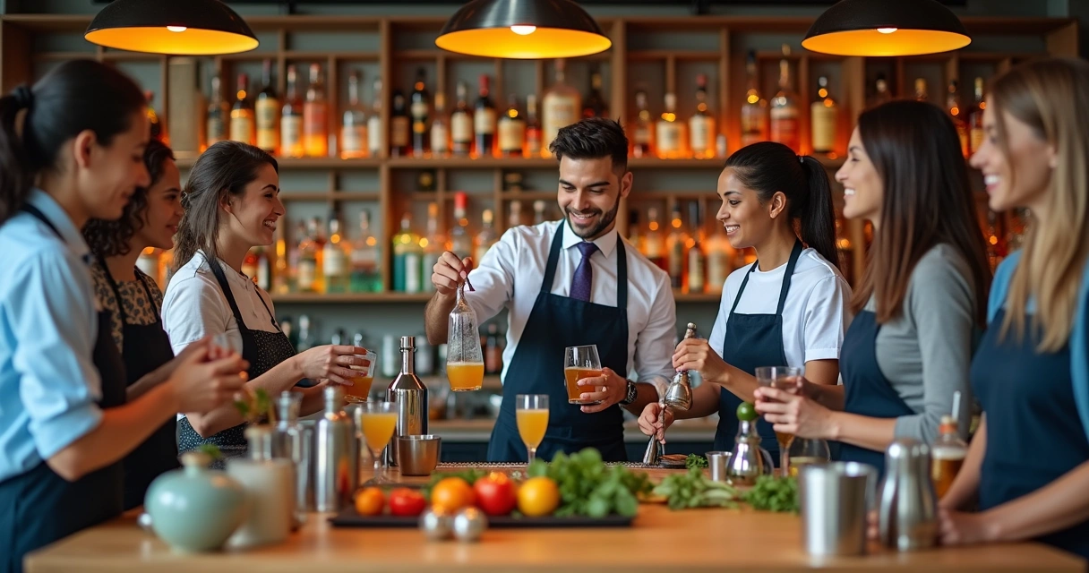 Alunos em aula prática de mixologia, usando utensílios de bar 