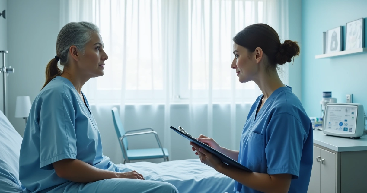 Paciente sentado em sala de preparo para cistoscopia, conversando com enfermeira uniformizada ao lado. 