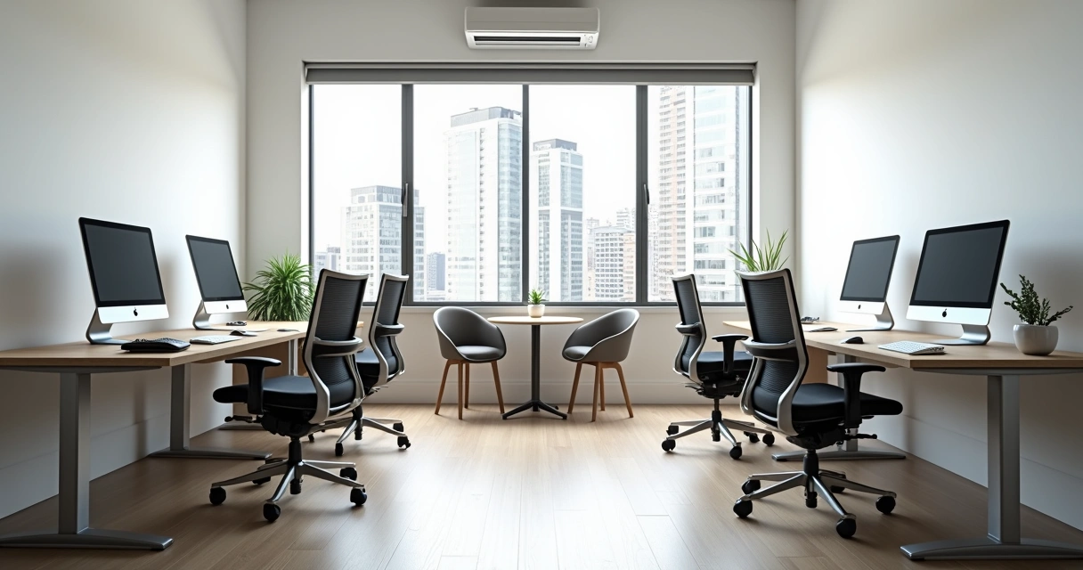 Sala privativa com computadores e mesa de reunião 