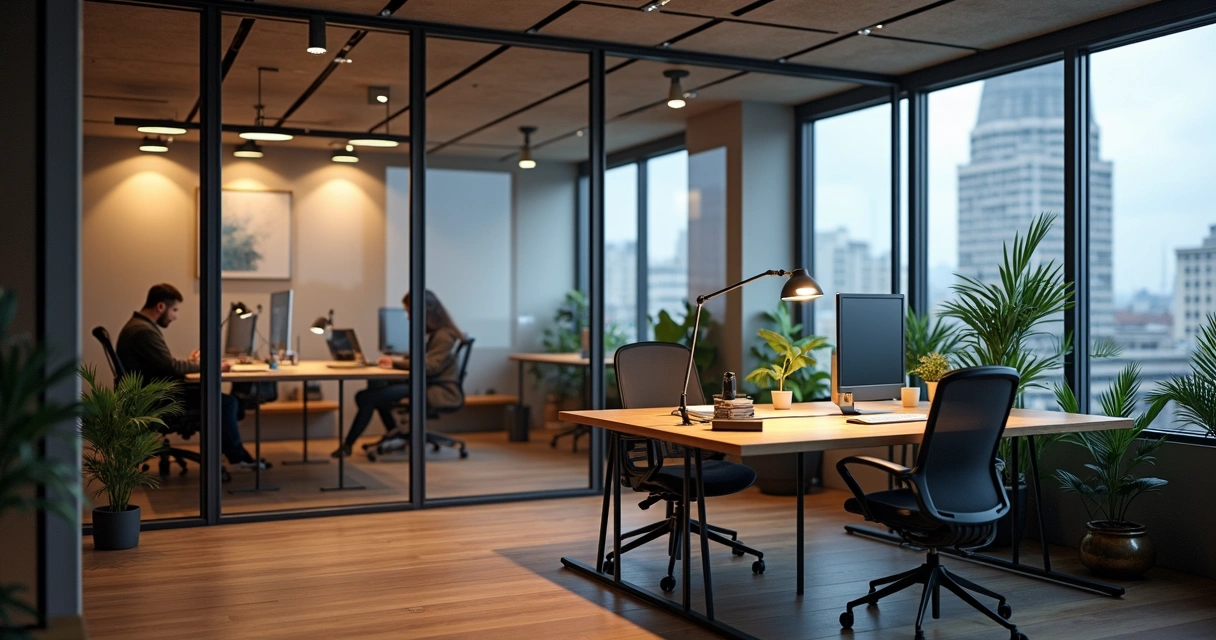 Sala privativa de coworking com mesa, cadeiras e computador