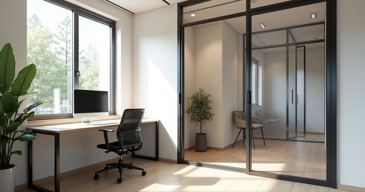 Sala privativa moderna em coworking com mesa, cadeira ergonômica e janela