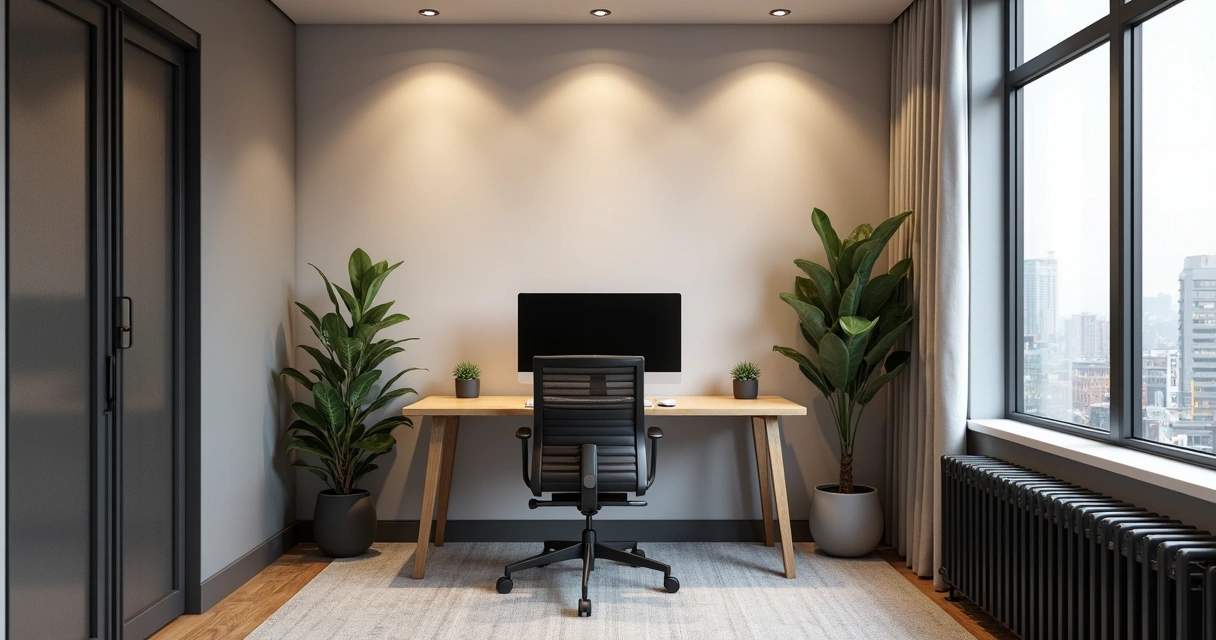 Sala privativa bem mobiliada com mesa, cadeiras, computador e vista para a cidade