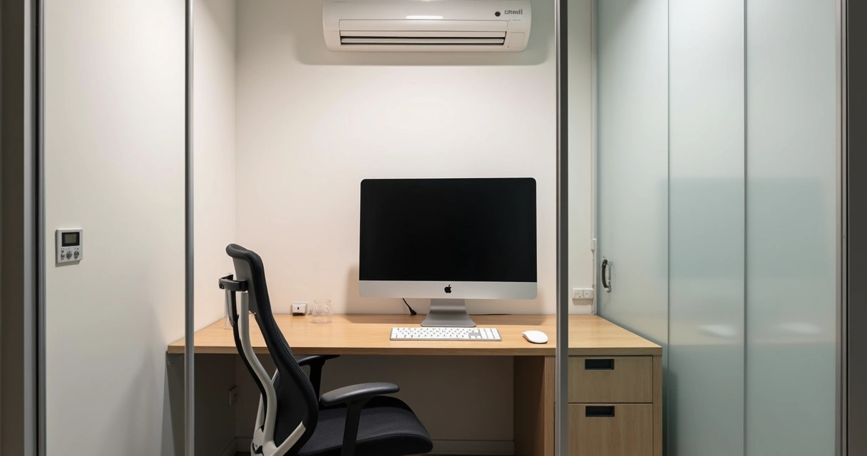 Sala privativa moderna em coworking com estação de trabalho 