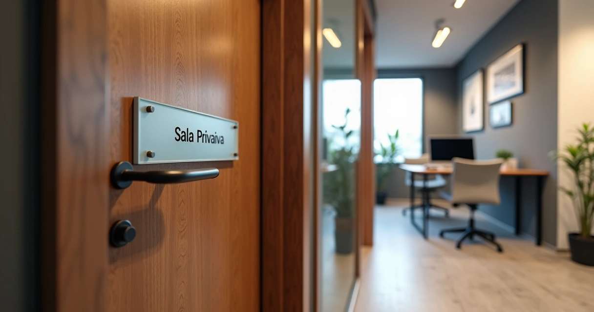 Corredor de coworking com porta entreaberta revelando sala privativa moderna e iluminada 