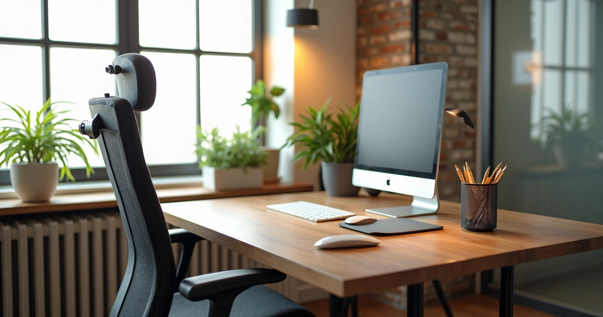 Sala privativa mobiliada com mesa, cadeira ergonômica e computador em coworking