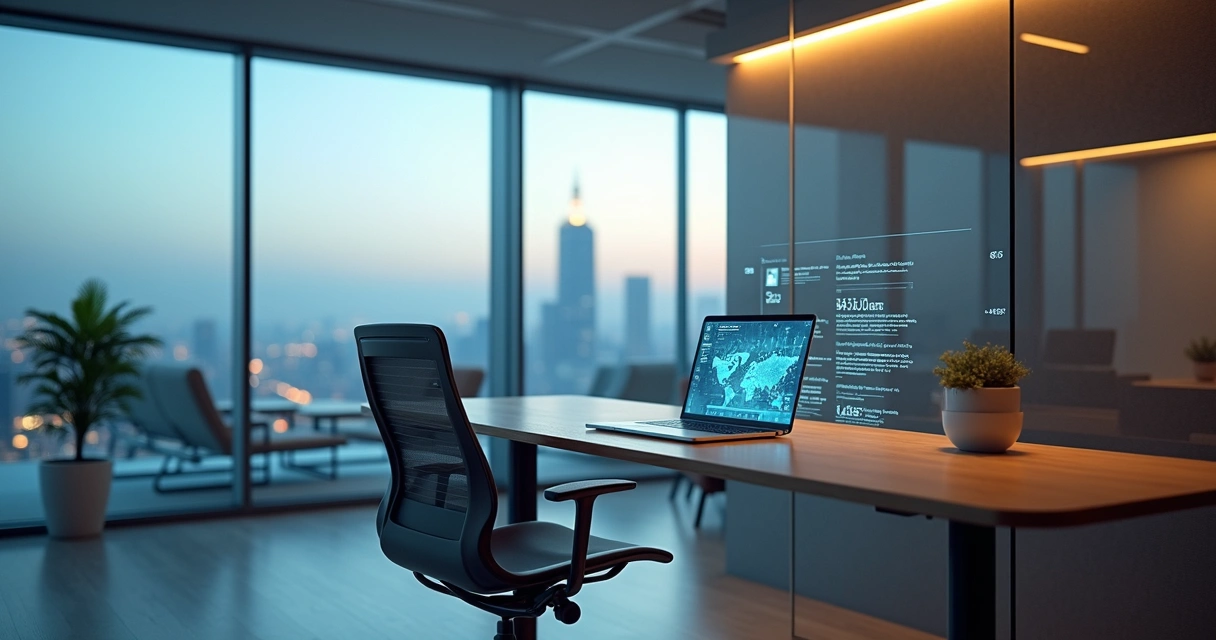Sala privativa futurista de coworking com vidro inteligente e iluminação azul suave 