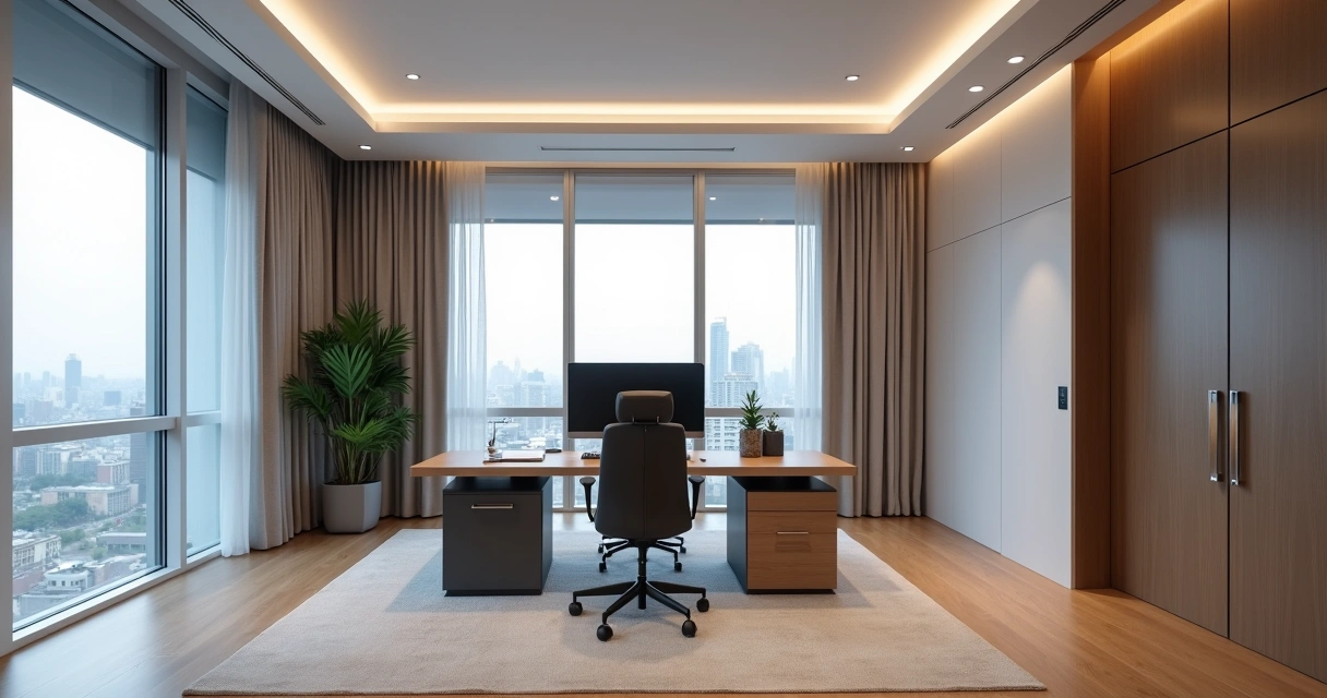 Sala privativa moderna com mesa, computador, monitor grande e cadeira ergonômica 