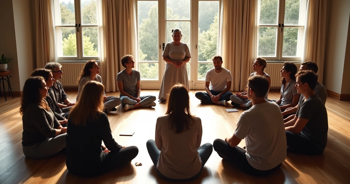 Grupo em círculo praticando constelação sistêmica durante sessão comunitária