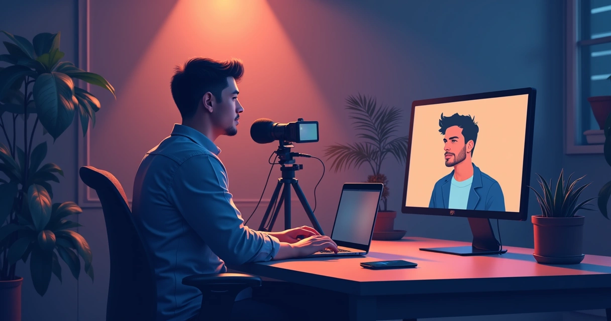 Profissional de comunicação produzindo vídeo institucional em estúdio pequeno 