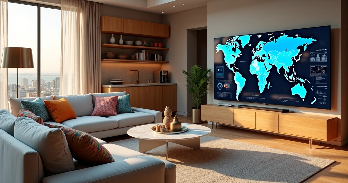 Sala de estar moderna com produtos de casa importados e tela exibindo dados de importação 
