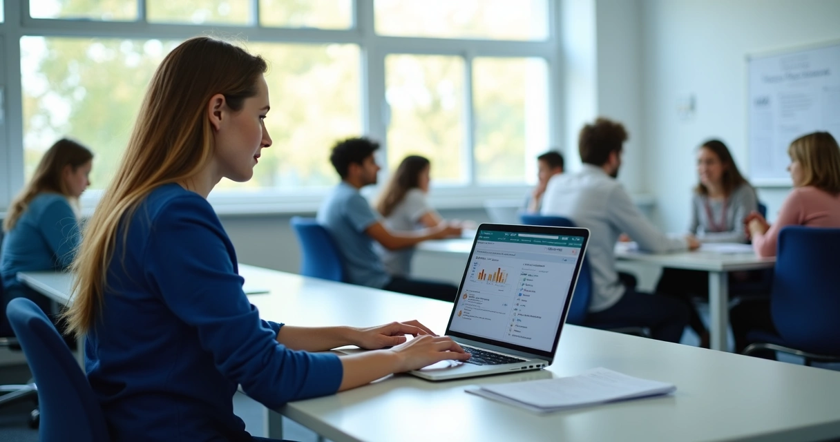 Professor em sala moderna com notebook, alunos ao fundo 