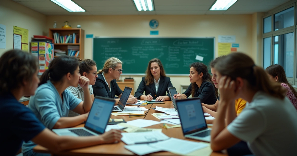 Sala de professores cheia de telas e papéis, clima de confusão 
