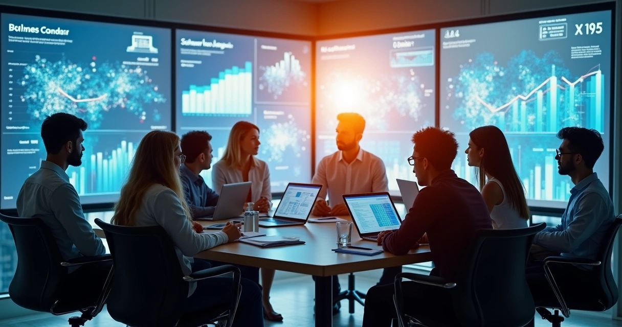 Equipe de vendas reunida analisando dados em telas 