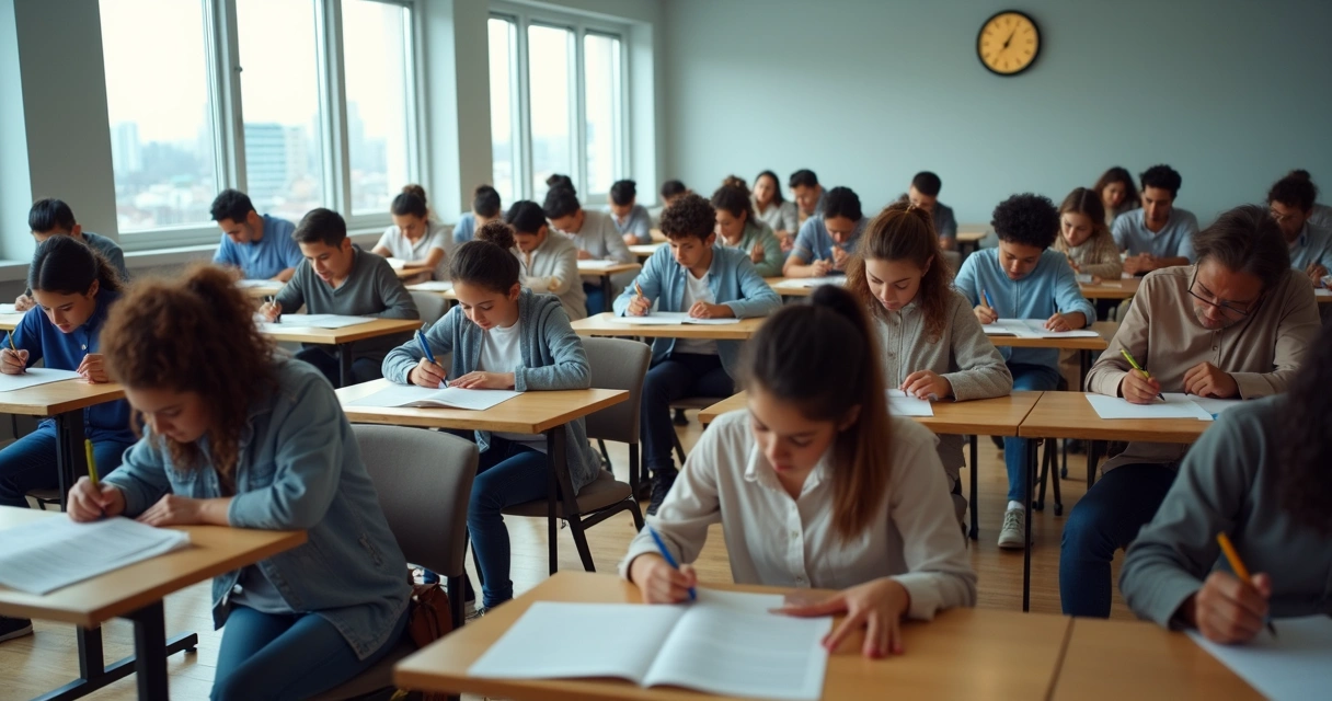 Candidatos fazendo prova de inglês em sala de aula 