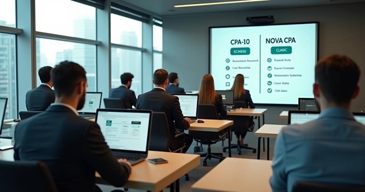 Sala moderna de aplicação de prova financeira com tela mostrando comparação entre CPA-10 e nova CPA 