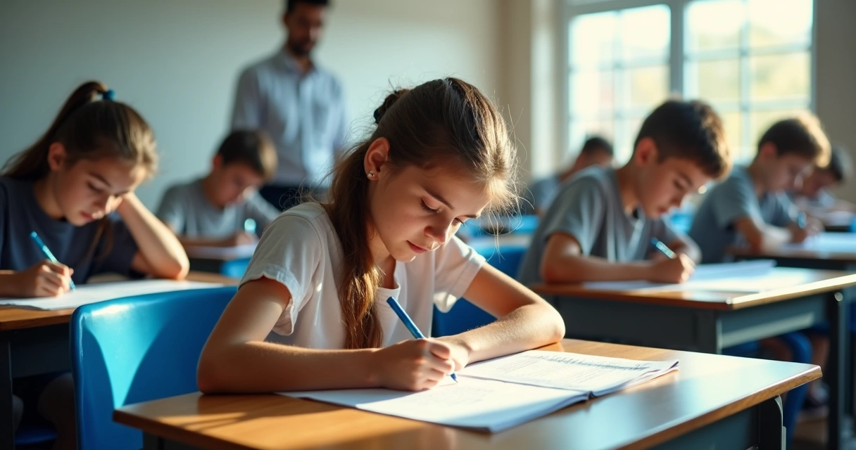 Sala de prova com estudantes respondendo questões discursivas.