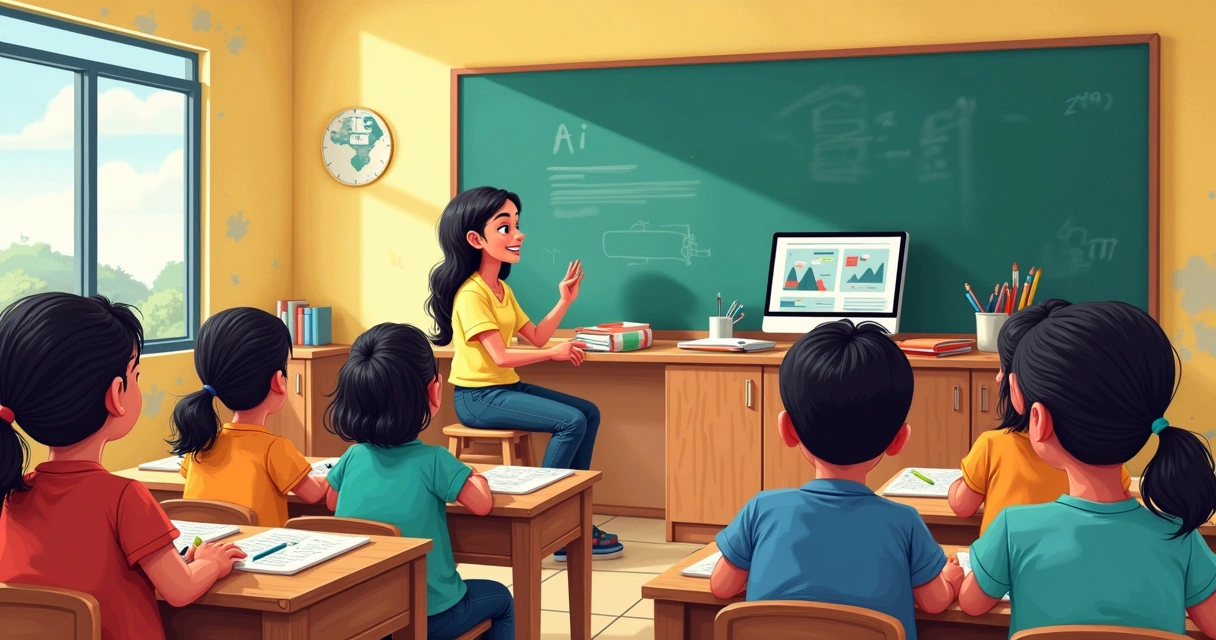 Sala de aula pública com poucos equipamentos e alunos animados 