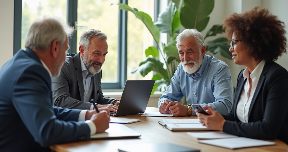 Quatro gerações reunidas em sala de reunião corporativa, cada uma usando dispositivos diferentes e interagindo socialmente 