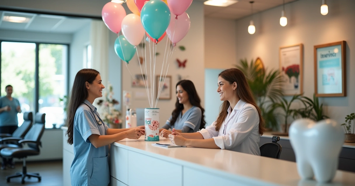 Recepção de uma clínica odontológica decorada para campanha temática