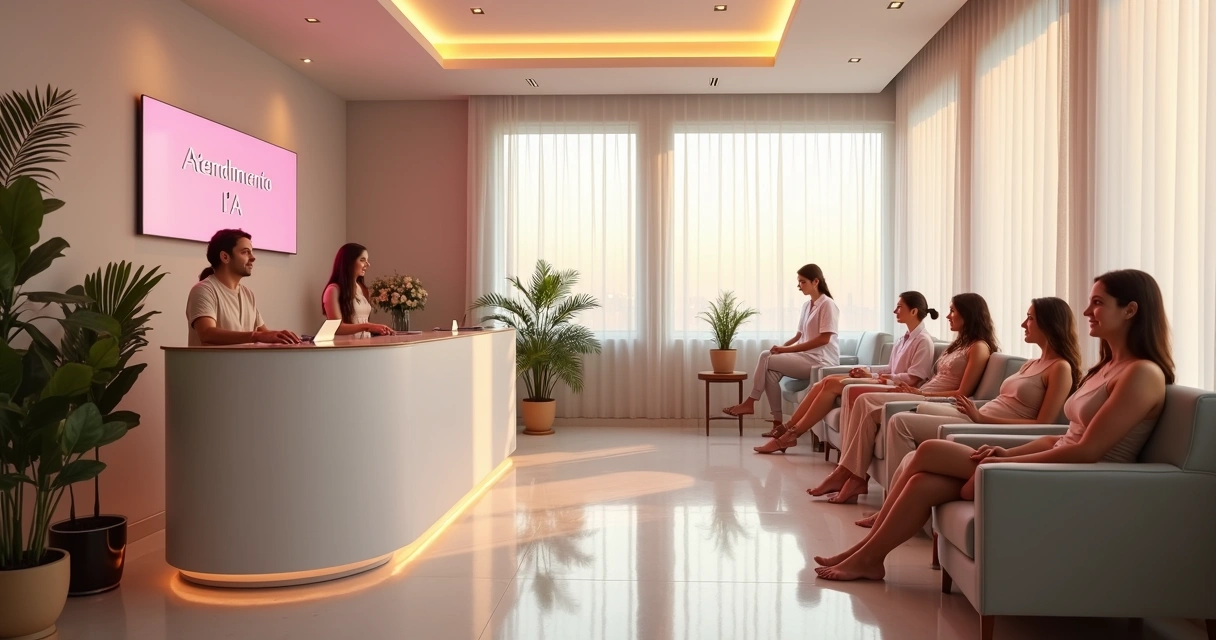 Pacientes satisfeitos na recepção de clínica de estética moderna 