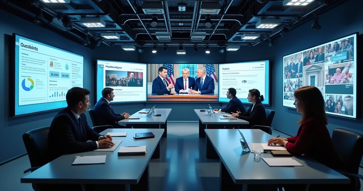 Sala de redacción con pantallas y gráficos de noticias 