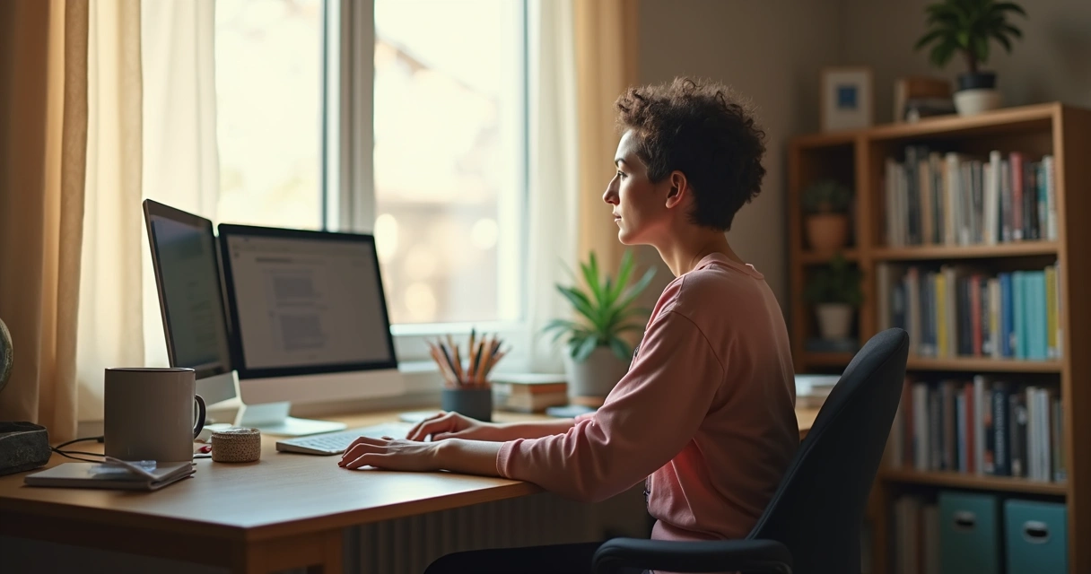 Pessoa sentada em home office olhando pela janela enquanto reflete 