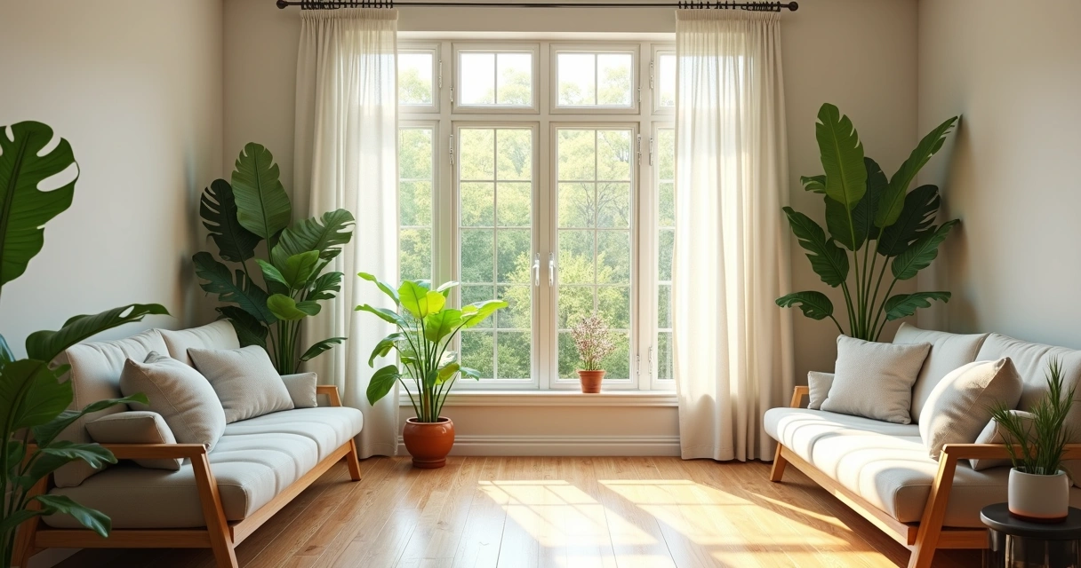 Sala relaxante com luz natural e plantas
