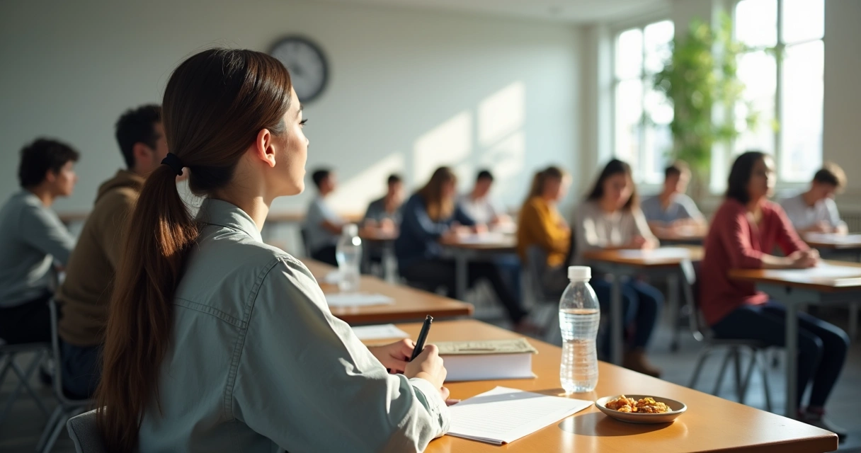 Estudante olhando para relógio analógico na parede da sala de prova 