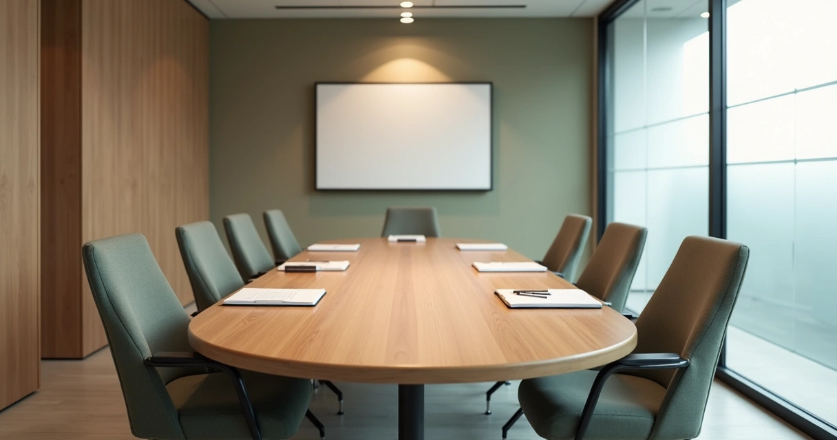 Sala de reunião com acústica, privacidade e mesa organizada 
