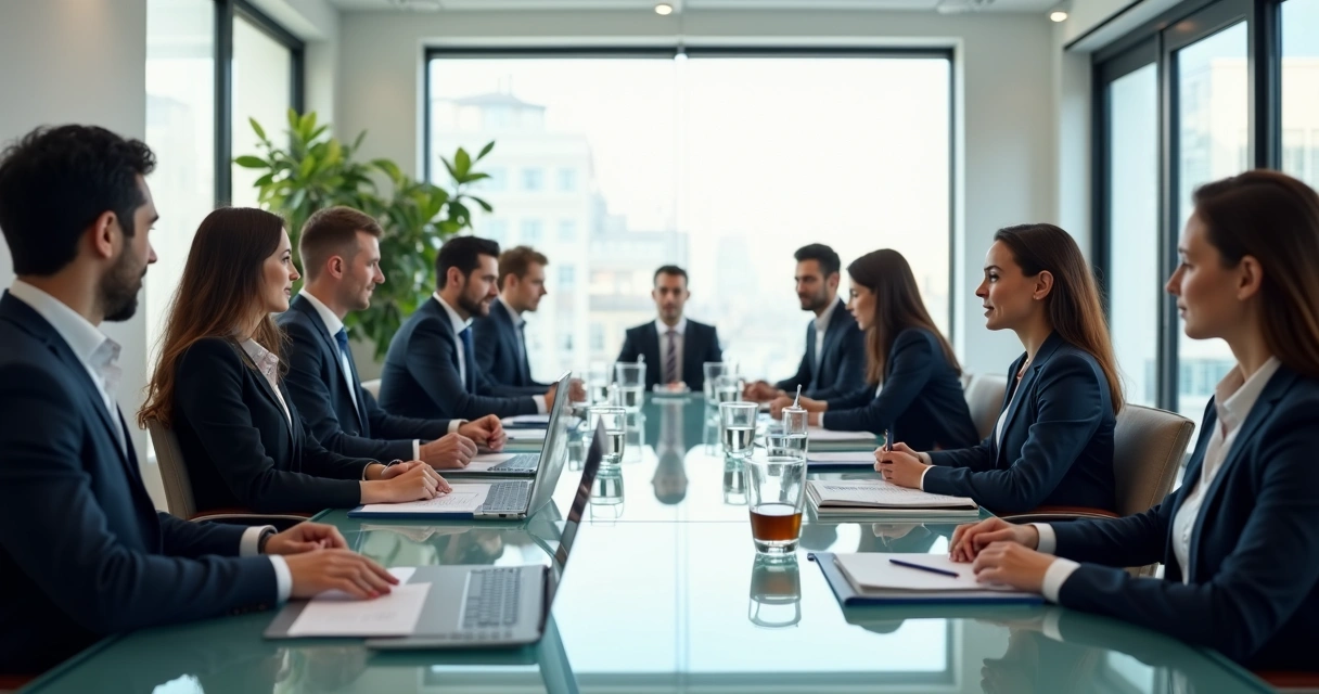 Mesa de reunião em escritório de advocacia, advogados sentados e discutindo pautas