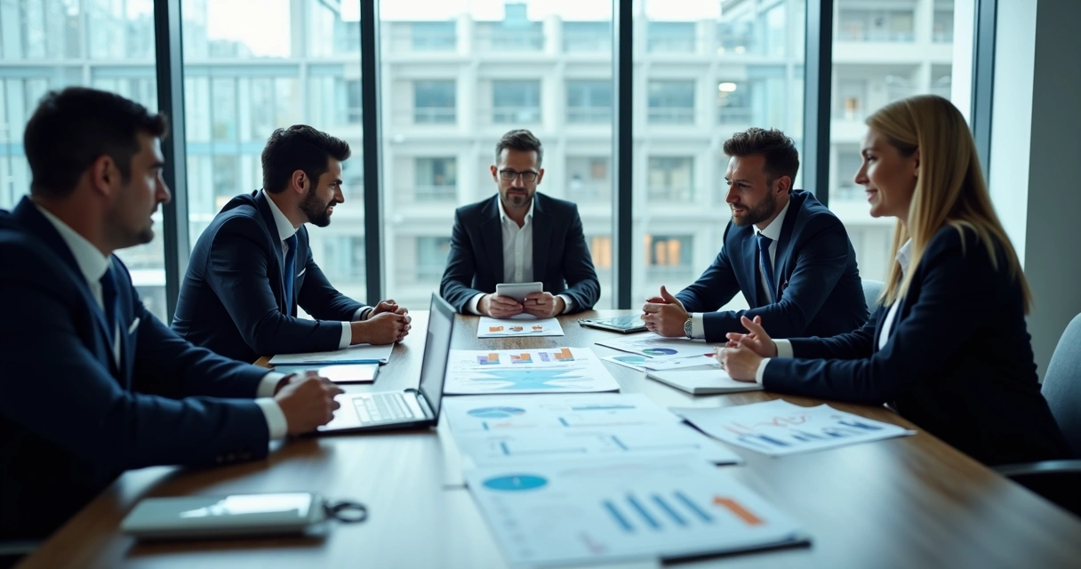 Advogados reunidos em mesa discutindo sobre holding, papéis espalhados com gráficos de patrimônio 