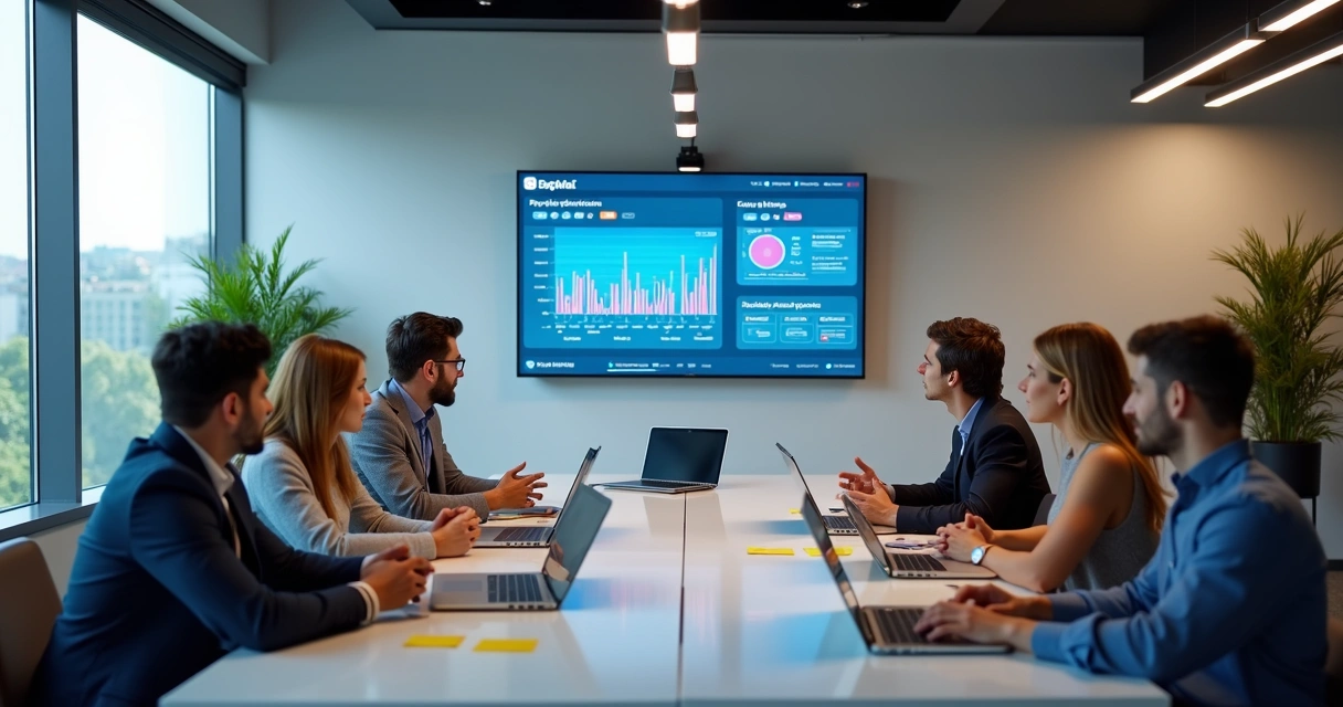 Reunião de equipe em agência com dashboard em tela 