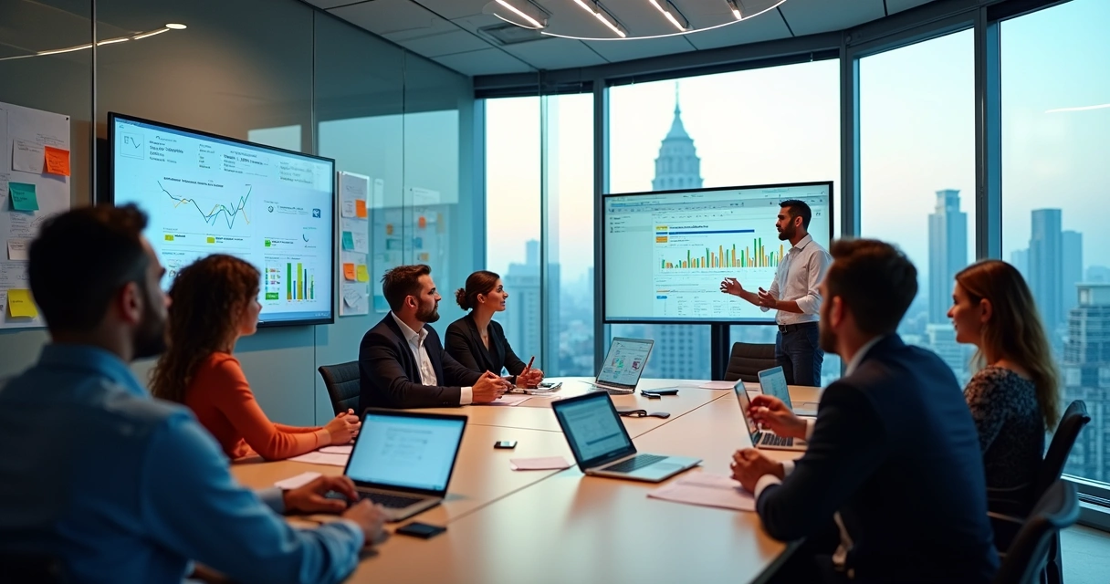 Sala de reunião com profissionais discutindo estratégias digitais e dados 