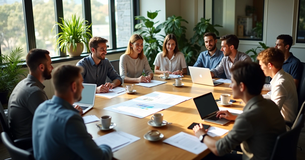 Sala de reunião com pessoas em volta de uma mesa discutindo documentos e laptops ativos