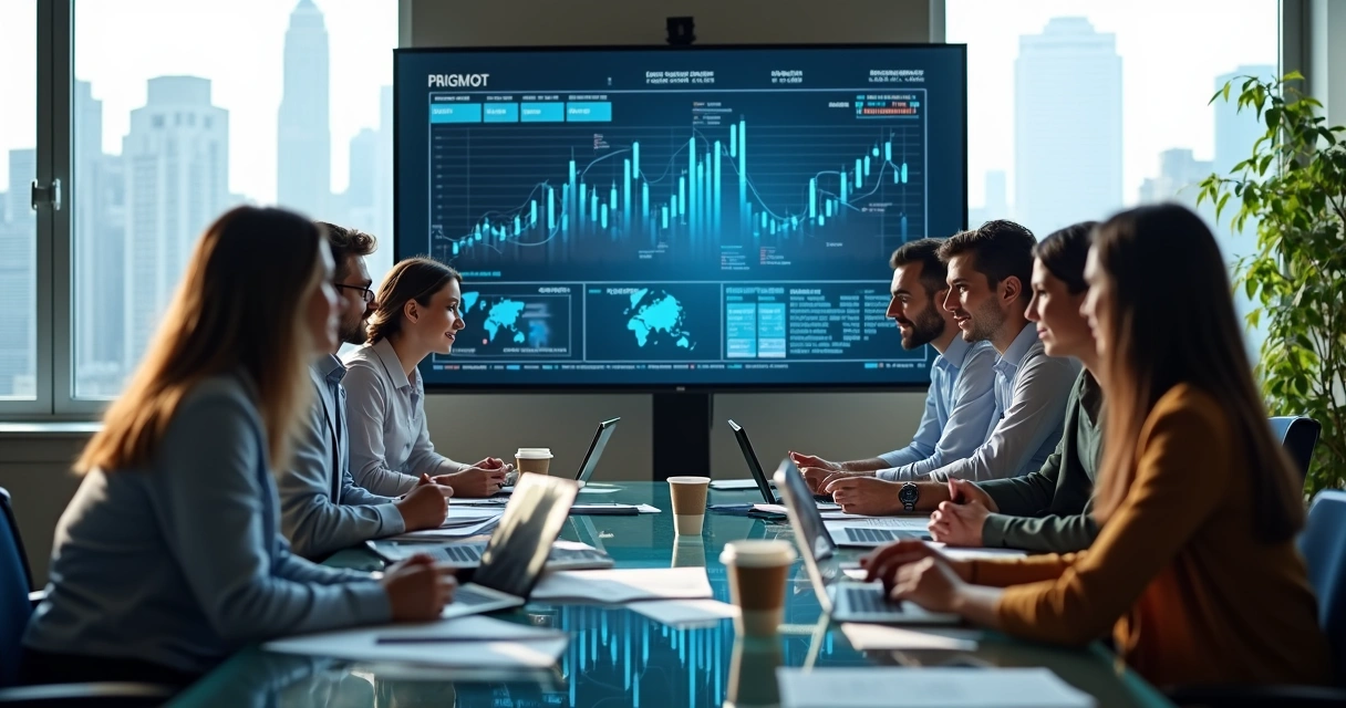 Profissionais reunidos discutindo atualização de sistema financeiro 