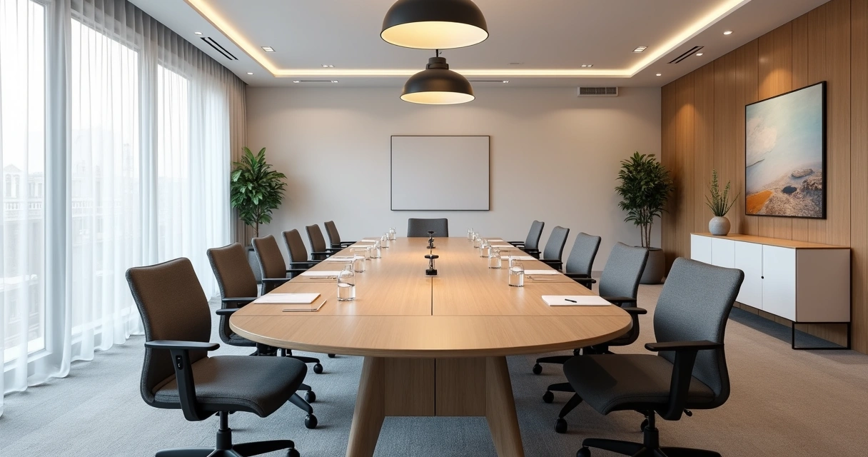 Sala de reunião ampla em BH com cadeiras ergonômicas e luz natural confortável 