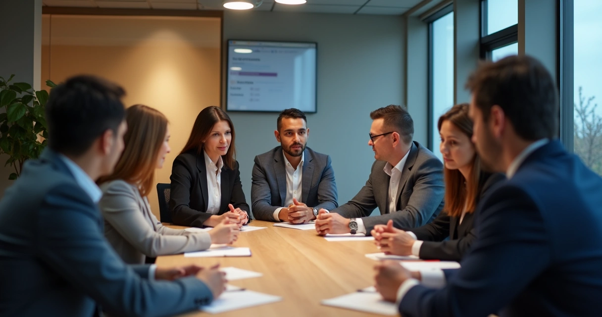 Grupo discutindo em sala de reunião, representando dinâmicas de decisões coletivas na carreira 