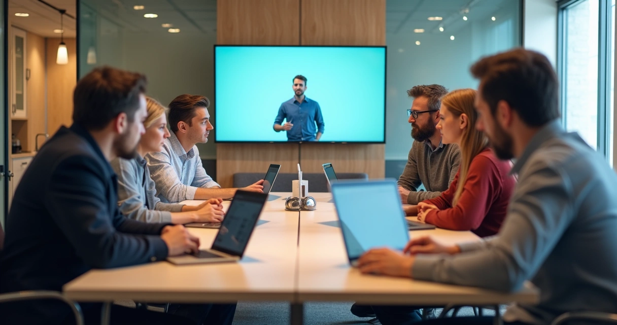 Sala de reunião com pessoas em reunião e equipamentos modernos 