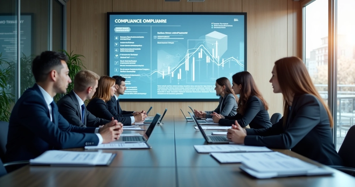 Sala de reunião com equipe discutindo compliance com documentos e computadores 