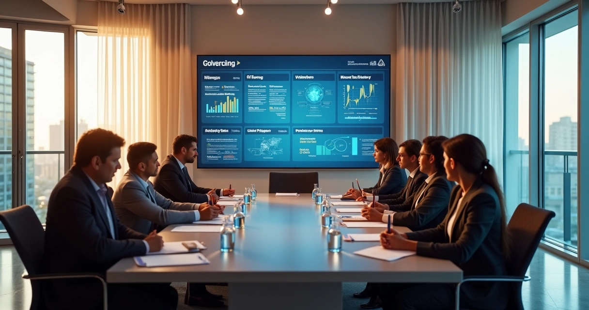 Sala de reunião de condomínio com painel digital de tarefas