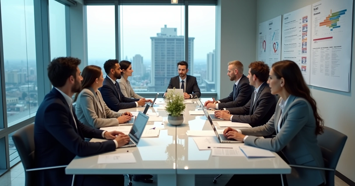 Grupo em reunião ao redor de uma mesa analisando documentos de condomínio 