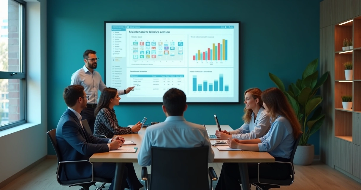 Equipe de condomínio analisando dashboard de manutenção em reunião