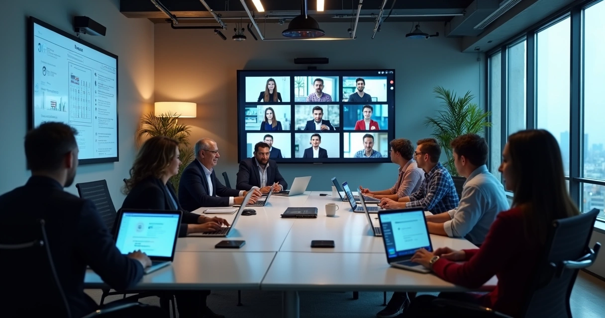 Sala de reunião em coworking, pessoas em vídeo chamada, telas com conexão estável 