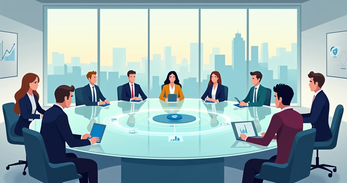 Conselho de administração reunido ao redor de mesa redonda moderna 