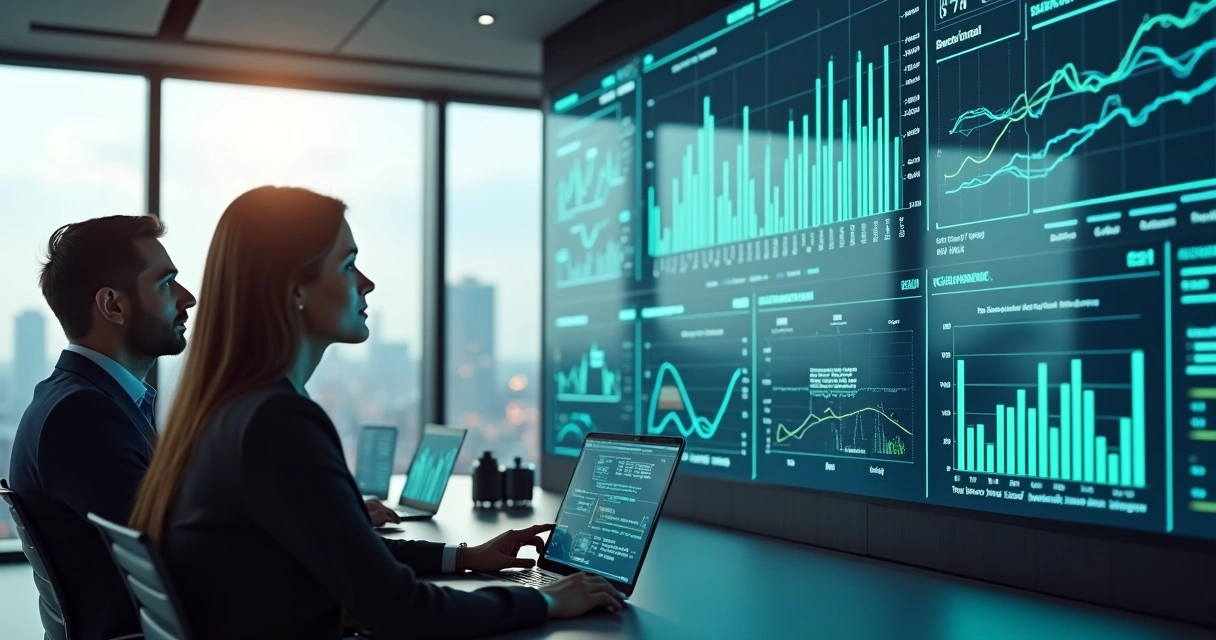 Equipe sênior de consultoria de IA reunida na sala, analisando gráficos em um monitor 